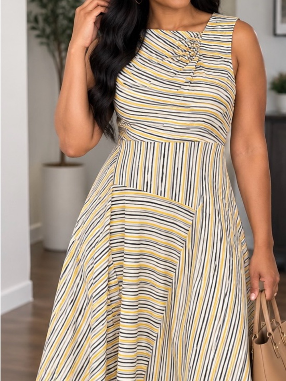 Reiss Women’s Striped Midi Dress Size US 6 UK 10 Ruched Fit & Flare